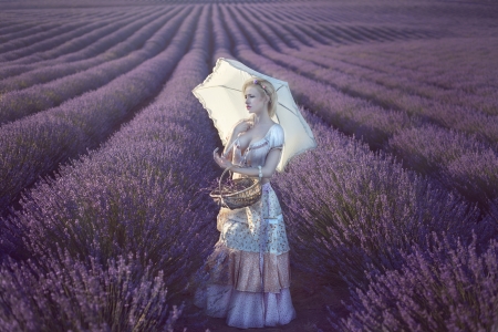 Girl on lavender field - lavender, summer, blue, girl, umbrella, purple, woman, model, field, vara