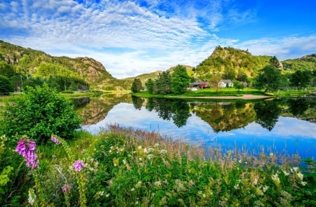 Reflection river - greenery, landscape, beautiful, photo, wildflowers, lake, sky, houses, reflection, river, mountain