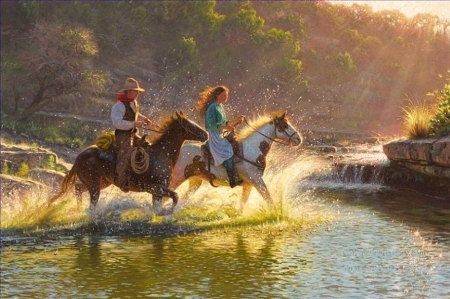 'Cowboy & Cowgirl out for a ride together'.... - western, horses, people, cowboys, animals, stream, cowgirls