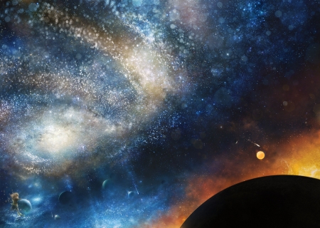 Cosmos - black, iy tujiki, anime, stars, blue, manga, sky, fantasy, orange, planet, luminos