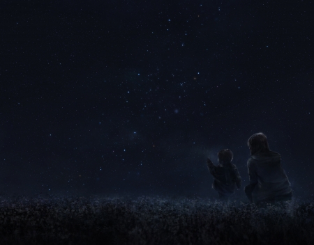 Mother and child - child, copil, mother, iy tujiki, anime, stars, manga, sky, luminos