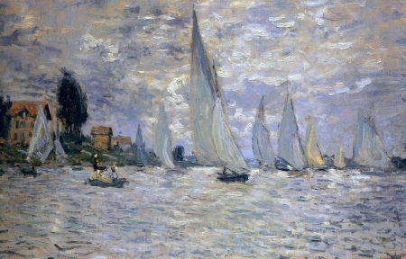 Regata at Argenteuil - sky, vara, claude, water, summer, regata at argenteuil, painting, art, cloud, pictura, sea, claude monet, boat