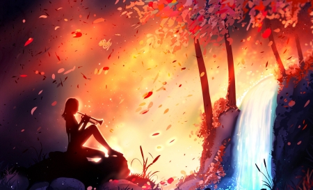 Autumn song - anime, blue, girl, orange, black, manga, instrument, wind, ryky, waterfall, autumn, leaf, luminos