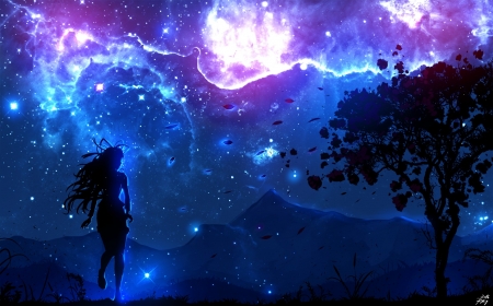 Starry night - anime, blue, girl, silhouette, night, pink, tree, manga, ryky, woman, bkack, luminos