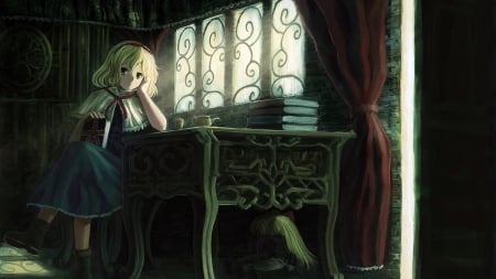 Lonely Girl - anime, table, girl, window