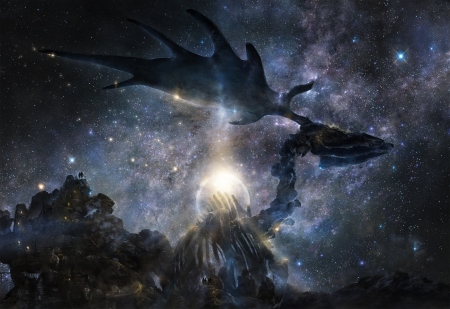 Celestial times - sky, stars, dino, night, iy tujiki, horns, luminos, anime, planet, manga, bone