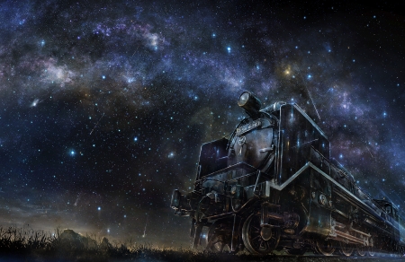 A train in the night - train, sky, iy tujiki, anime, luminos, stars, night, manga