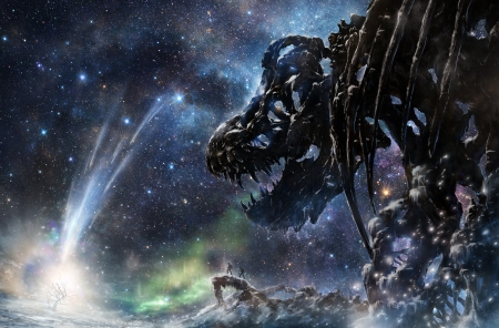 Celestial times - sky, stars, bones, dino, iy tujiki, black, luminos, blue, anime, manga