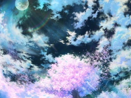 Spring - moon, dpring, sakura, iy tujiki, blue, planet, pink, tree, manga, snime, white, cloud, luminos, sky