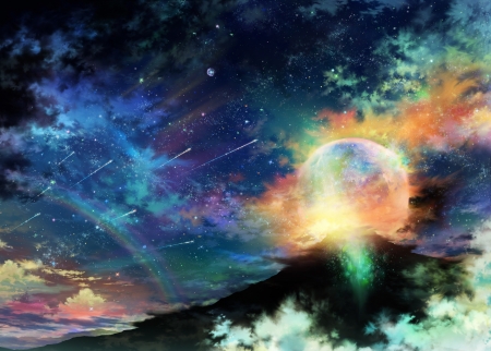 Moon rising - moon, sky, night, iy tujiki, cloud, blue, luminos, orange, anime, luna, planet, manga