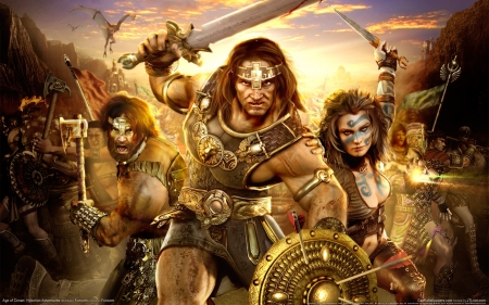 age of conan - sword, shield, waoman, age, man, conan