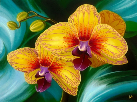 Yellow orchids - painting, orchids, art, yellow, background, beautiful, flowers