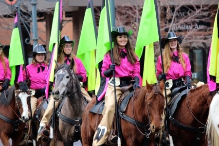 Cowgirl Color Guard.. - women, fun, female, parade, boots, hats, brunettes, western, girls, cowgirl, style, outdoors, horses, blondes, flags