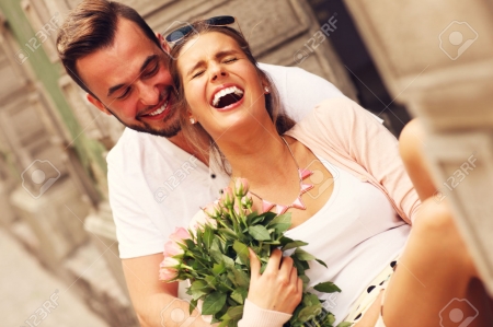 Happy couple - flowers, hugs, love, happy