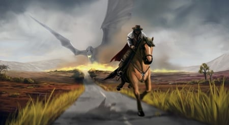 'Run for your life!!!!'..... - western, horse, cowboy, dragon, road