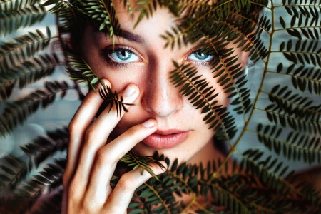 Beauty - woman, beauty, girl, blue eyes, leaf, model, face, hand, green