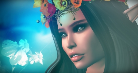 Elf girl - rendering, elf, girl, wreath, fantasy, face, luminos, blue, flower