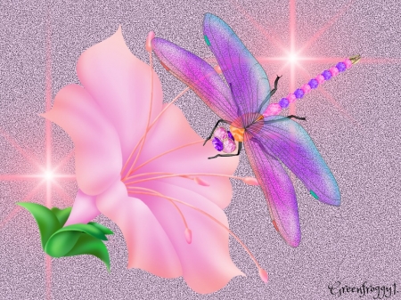 FLOWER AND DRAGONFLY - ART, CREATION, BIRD, DRAGONFLY