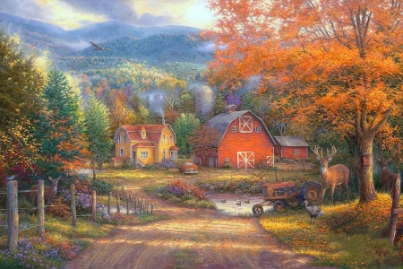 Country Roads, Take me Home - roads, trees, attractions in dreams, paintings, colors, fall season, home, farms, nature, autumn, love four seasons, houses, tractor, rural