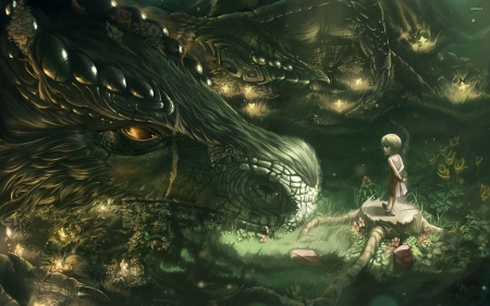 girl and dragon - dragon, girl, forest, stump