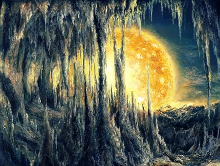 Yellow moon - moon, art, luminos, luna, planet, fantasy