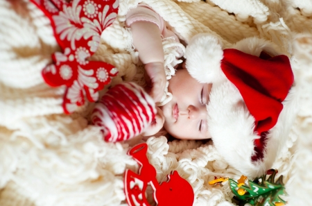 Waiting for Sants - hat, copil, baby, child, christmas, santa, white, sleep, craciun, red, cute