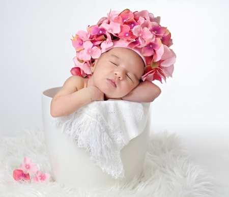 Baby girl sleeping - hat, girl, bath, flower, pink, copil, baby, sweet, child, white, cute, little