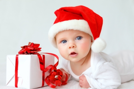 Merry Christmas! - craciun, hat, gift, child, copil, christmas, white, santa, baby, red, cute