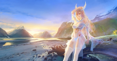 Fantasy girl - anime, realistic, blue, girl, horns, manga, fantasy, white, shitub52