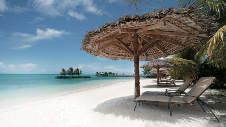 Hotel Resort, Samoa - clouds, umbrella, palms, sea, rocks, sky