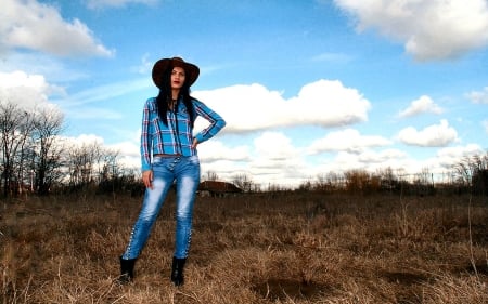 Out West.. - style, girls, western, women, models, hats, ranch, outdoors, brunettes, cowgirl, fun, female, boots, fashion