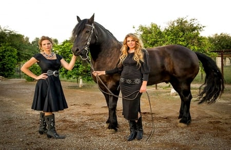 Three Friends.. - style, girls, western, women, models, ranch, outdoors, horses, brunettes, cowgirl, fun, female, boots, blondes, fashion