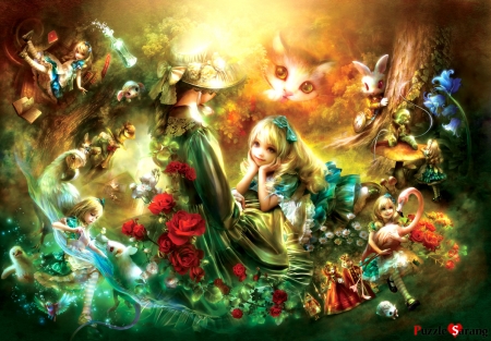 Alice - girl, fantasy, shu, alice, wonderland, yellow, luminos, red, green, cheshire cat pisica