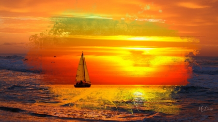 Sunset Sail - sailing, sunset, sea, boat