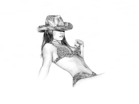 Cowgirl Sketch.. - style, girls, western, women, models, sketch, hats, drawing, art, brunettes, cowgirl, fun, female, fashion