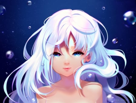 Girl - manga, anime, white, blue, underwater, bubbles, hyanna natsu