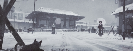 Winter day - anime, winter, snow, girl, palace, dog, manga, fantasy, grey, white, umbrella, katana, temple, guweiz, art, luminos