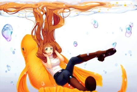 fish walk - summer, rosuuri, bubbles, anime, girl, manga, white, fish, orange, luminos, vara