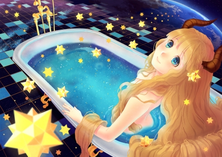 A bath under the stars - summer, demon, water, rosuuri, yellow, anime, stars, girl, blue, manga, fantasy, bath, vara, horns