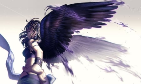 Angel - feather, rosuuri, anime, girl, manga, wings, white, fantasy, hand, luminos, angel