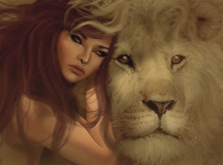 Beauty and the beast - girl, beauty, beast, fantasy, animal, redhead, woman, rendering, face, lion, luminos