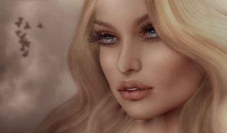 Beauty - fantasy, woman, rendering, girl, blonde, beauty, face, luminos