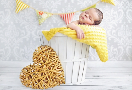 Sleeping baby - heart, yellow, copil, baby, sweet, child, white, sleep, cute