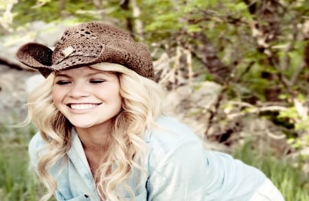 Happy Cowgirl.. - style, girls, western, women, models, hats, ranch, outdoors, cowgirl, fun, female, blondes, fashion