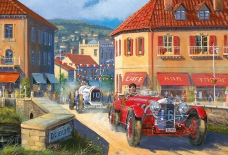 Car race - street, pictura, retro, car, vintage, red, painting, classic, art, luminos