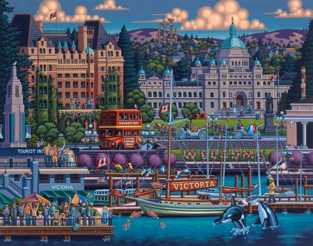 Victoria - people, blue, ship, boat, city, orange, pictura, daulphin, eric dowdle, painting, victoria, art, luminos, building