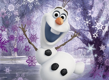 Olaf - snowman, olag, winter, snowflakes, frozen, white, purple, funny, fanart, movie, cute, disney, luminos