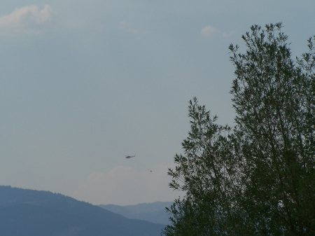 Helicopter with Water Bucket, Bighole Mountains, Tie Canyon Fire - Mountains, Smoke, Clouds, Firefighting, Sky