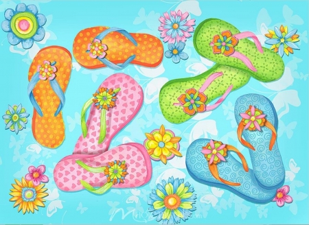 Flip-flops and flowers - flowers, fantasy, water, shoes