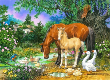 Foal and mare by the stream - aniamls, fantasy, nature, horses